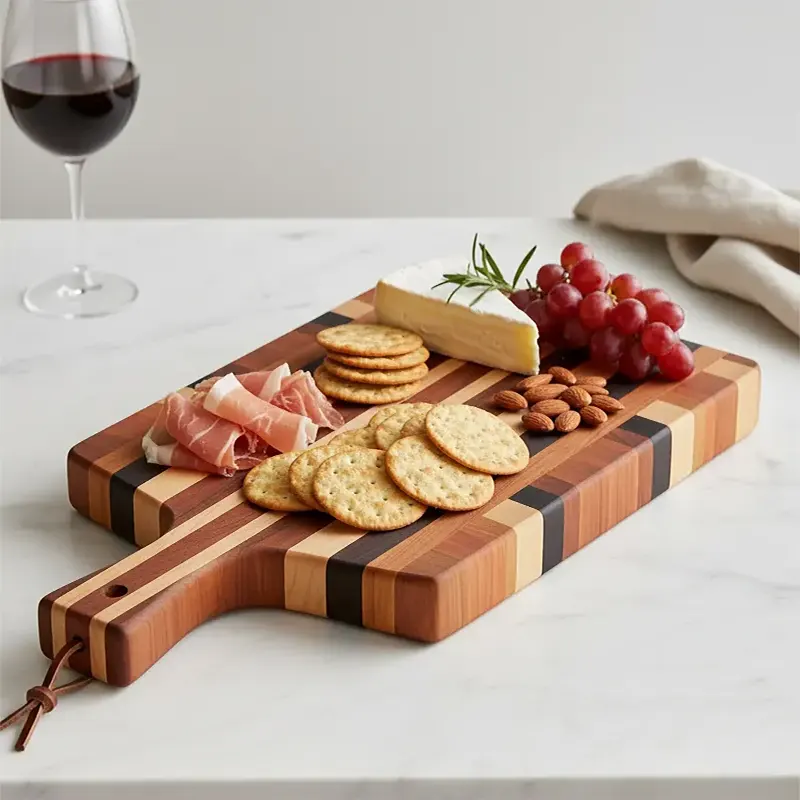 Handcrafted exotic hardwood cutting board with handle by StandCraft Canada, shown styled as a charcuterie board with cheese, crackers, fruit, and prosciutto.