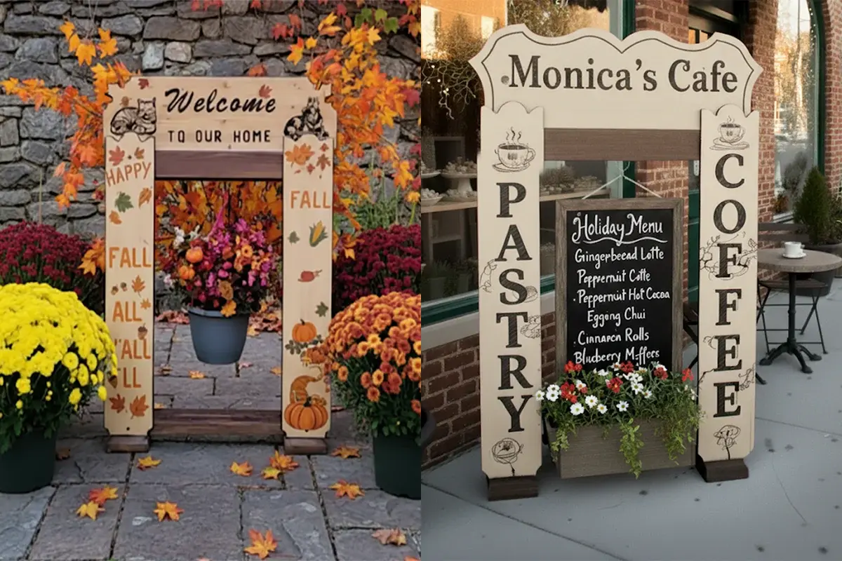 A split image showing the versatility of StandCraft Canada display stands: one as a residential 'Welcome Home' fall sign, and one as a 'Monica's Cafe' business sign with a menu.