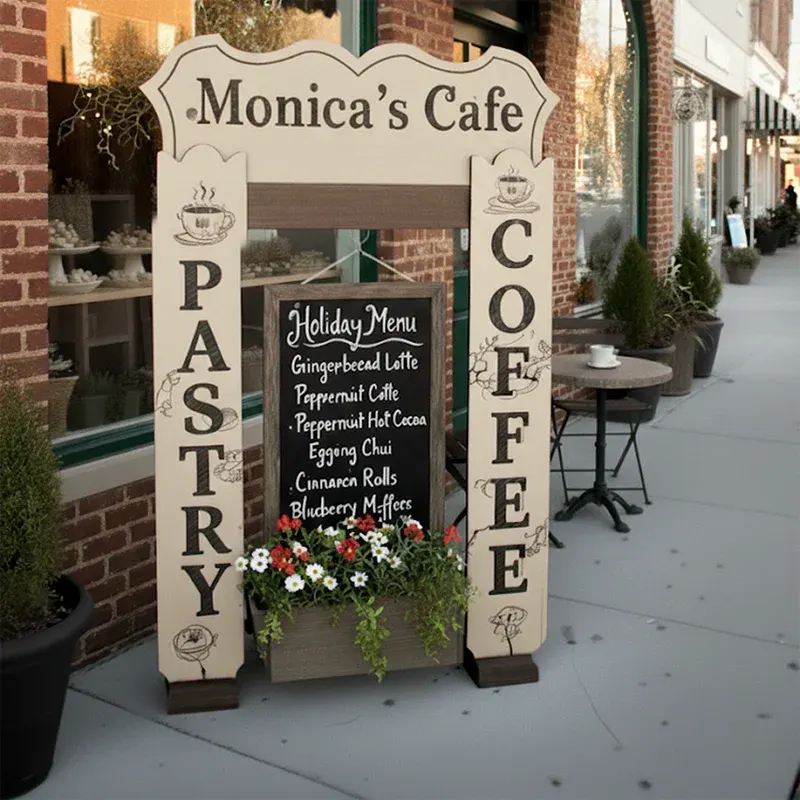 StandCraft Canada signature wooden display stand shown as a custom sign for 'Monica's Cafe'