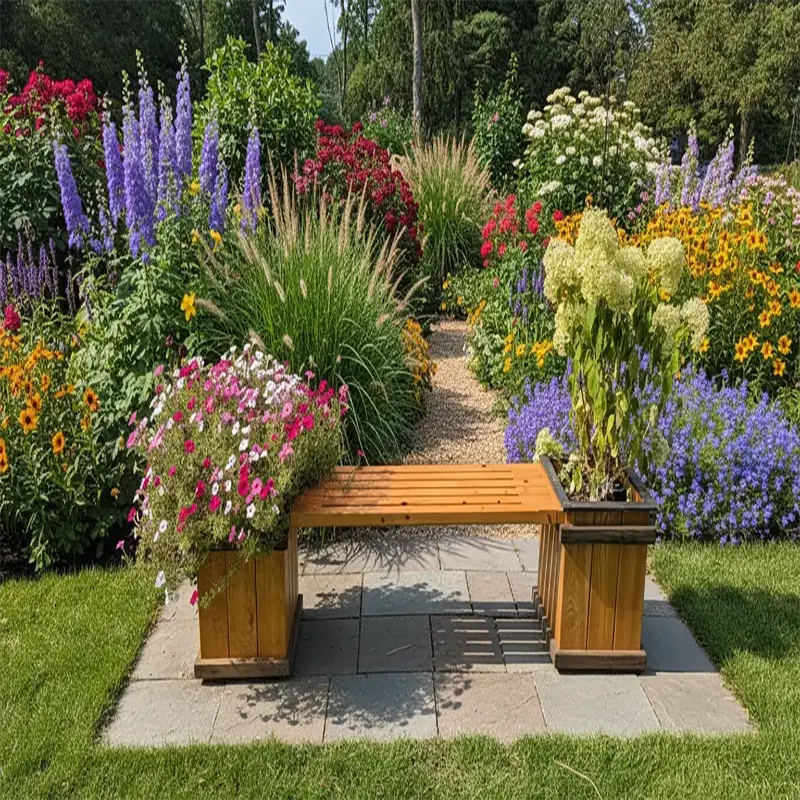 Handcrafted wooden garden bench by StandCraft Canada with built-in planters, shown in a colourful garden.