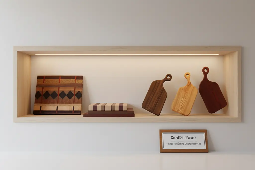 Collection of custom wooden cutting boards and charcuterie boards from StandCraft Canada, showcasing various styles and wood patterns on a lit display shelf.