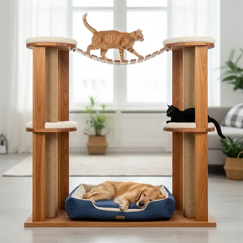 Custom wooden pet furniture by StandCraft Canada, designed as a multi-functional piece with a cat tree, rope bridge, scratching posts, and an integrated dog bed base.