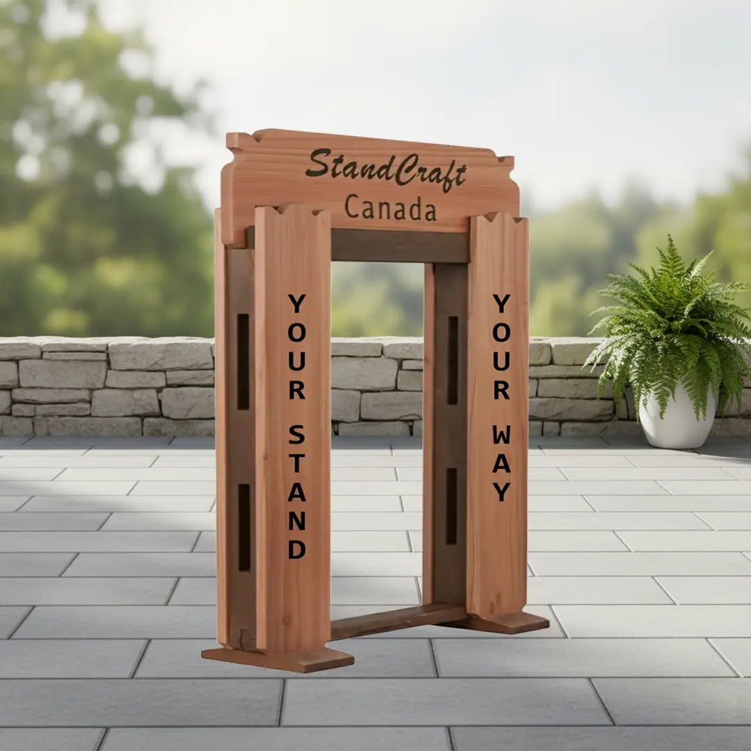 Cedar display stand showing engraving options for custom finishes.