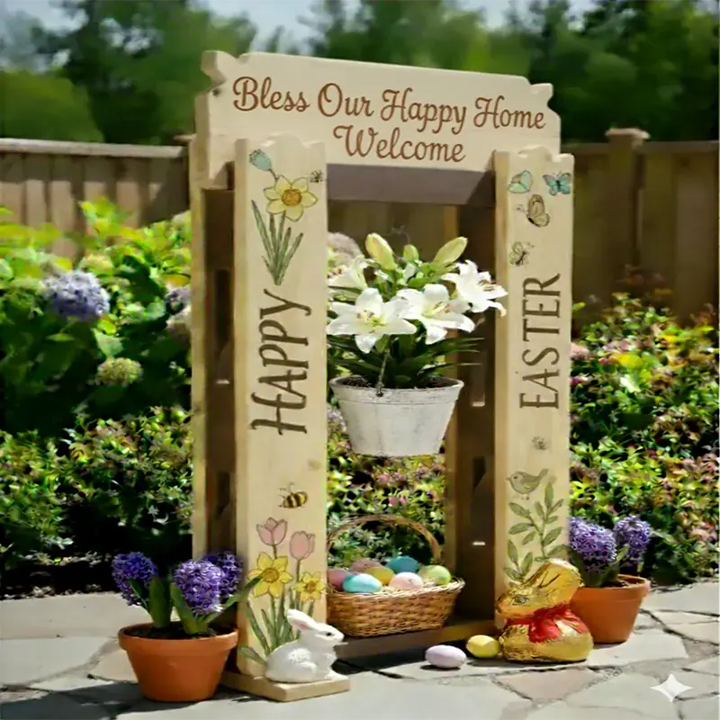 StandCraft Canada display stand decorated for Easter with 'Happy Easter' text, spring flowers, Easter eggs, and bunnies in a garden setting.