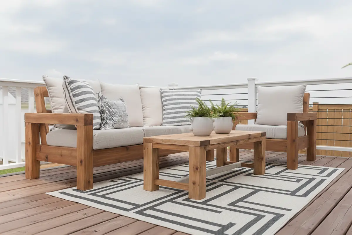 Handcrafted wooden patio furniture set by StandCraft Canada, including a sofa, armchair, and coffee table, shown on an outdoor deck.